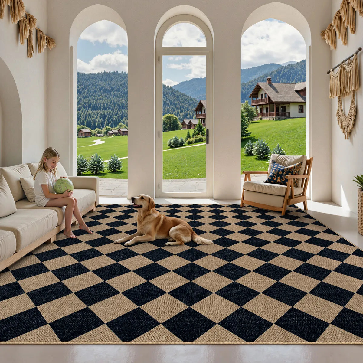 Coline Washable Geometric Checkered Easy Jute Dark Brown Indoor/Outdoor Rug Easy Jute Area Rug Lahome