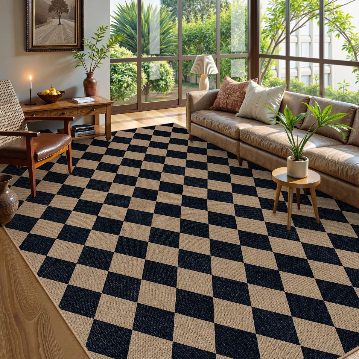 Coline Washable Geometric Checkered Easy Jute Dark Brown Indoor/Outdoor Rug Easy Jute Area Rug Lahome