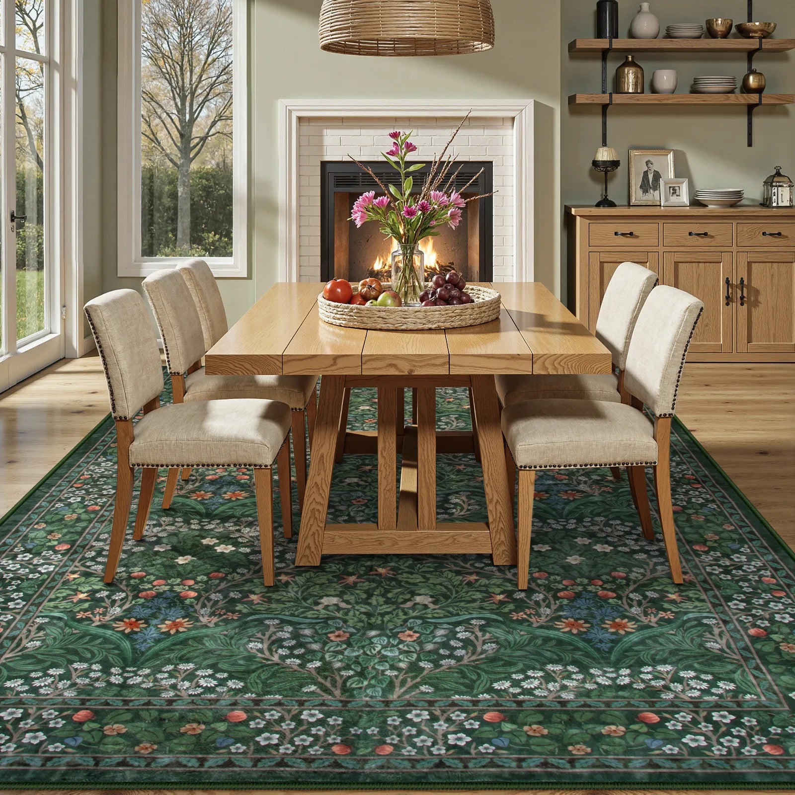 Giverny Washable Maximalism Vintage French Floral Dark Green Rug Rugs Lahome