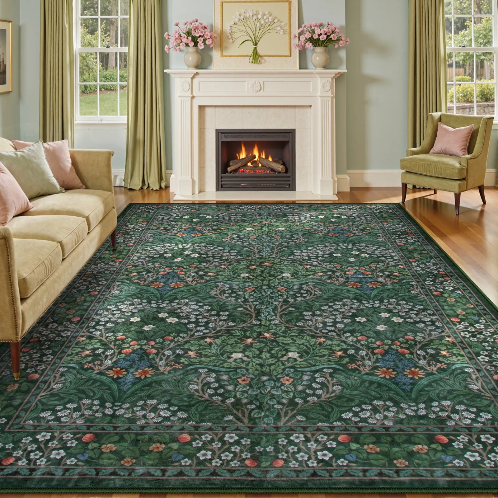 Giverny Washable Maximalism Vintage French Floral Dark Green Rug Rugs Lahome