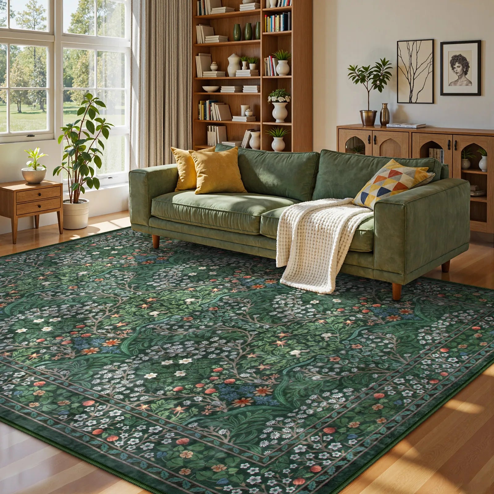 Giverny Washable Maximalism Vintage French Floral Dark Green Rug Rugs Lahome