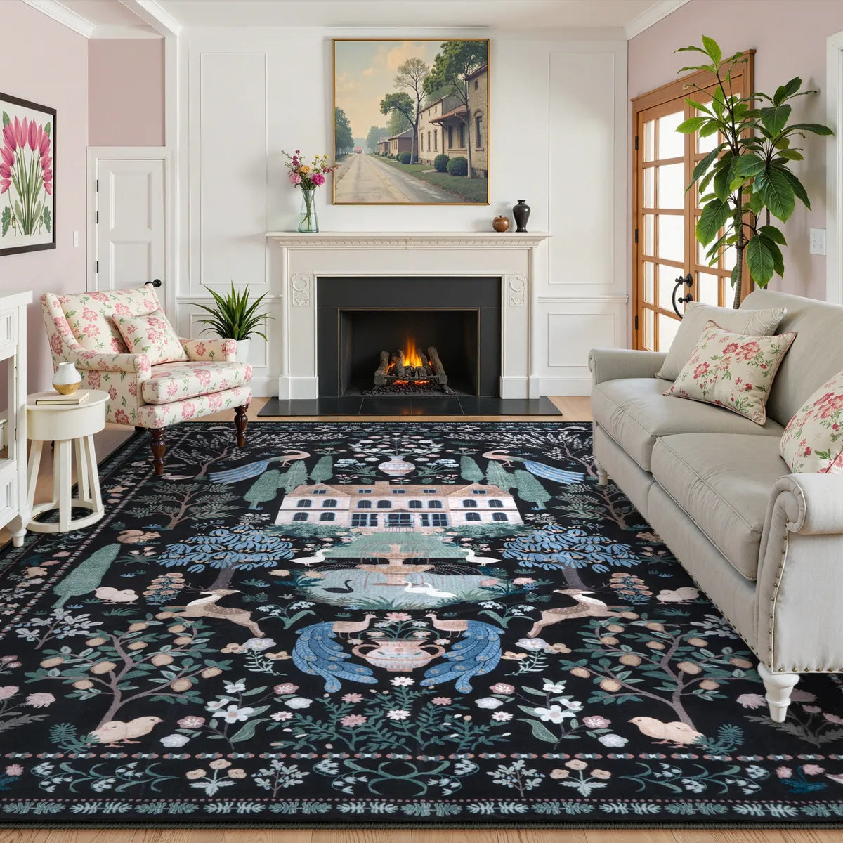 Maison Washable French Manor Floral Black Area Rug Area Rugs Lahome 9' x 12'