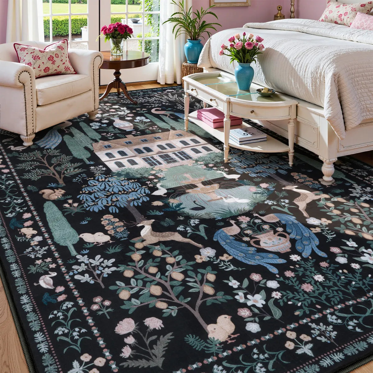Maison Washable French Manor Floral Black Area Rug Area Rugs Lahome