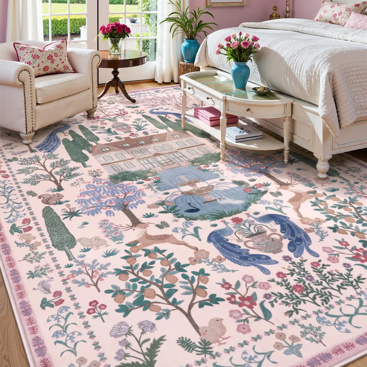Maison Washable French Manor Floral Pink Area Rug Area Rugs Lahome 9' x 12'