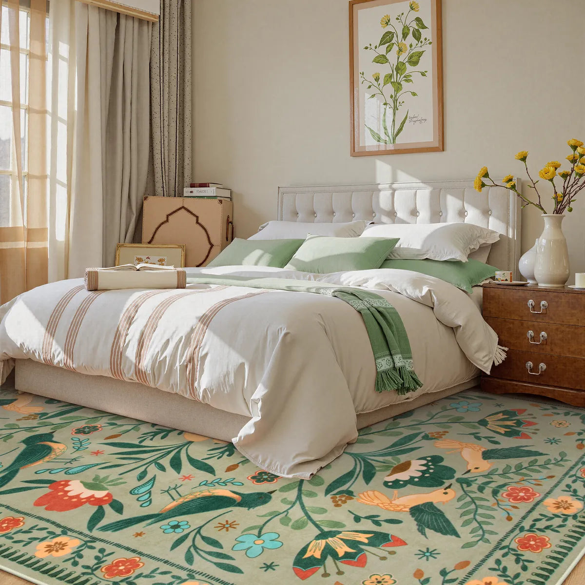 Rosalie Washable Boho Birdsong Floral Garden Light Green Rug Area Rugs Lahome