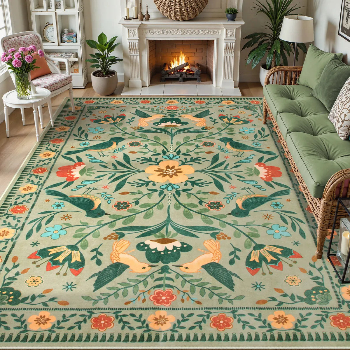 Rosalie Washable Boho Birdsong Floral Garden Light Green Rug Area Rugs Lahome 9' x 12'