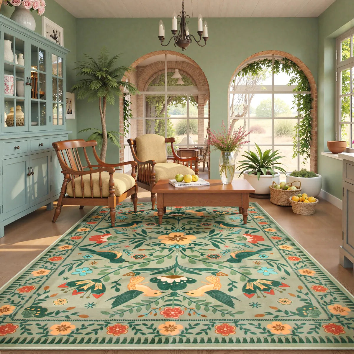 Rosalie Washable Boho Birdsong Floral Garden Light Green Rug Area Rugs Lahome