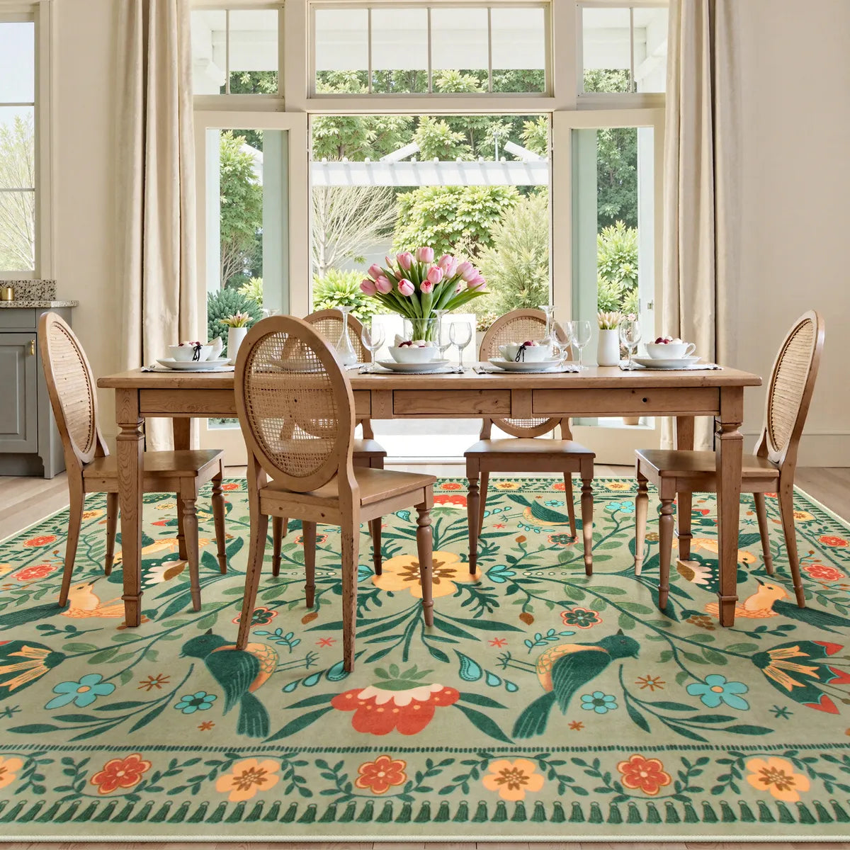 Rosalie Washable Boho Birdsong Floral Garden Light Green Rug Area Rugs Lahome