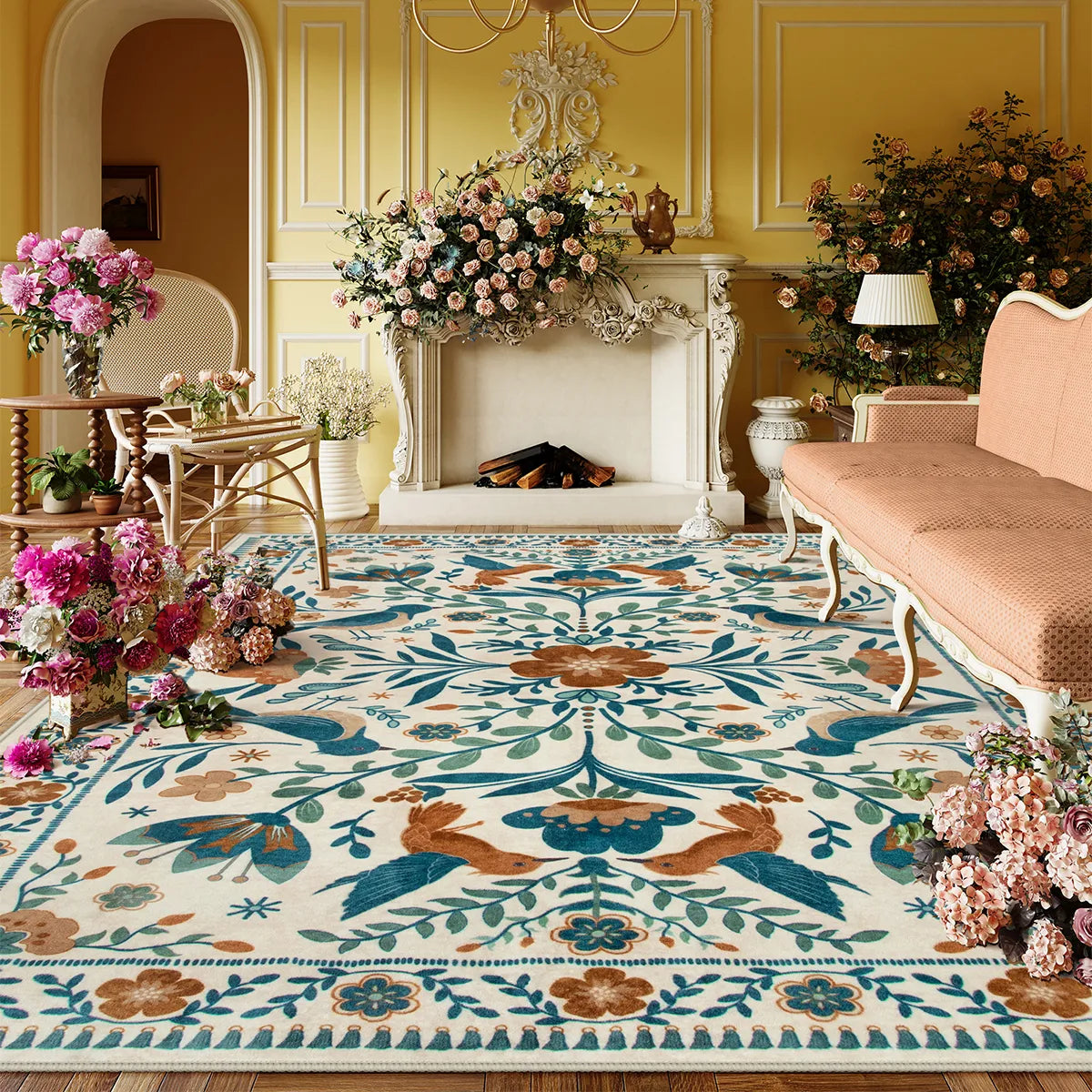 Rosalie Washable Boho Birdsong Floral Garden Beige Rug Clearance Rugs Lahome