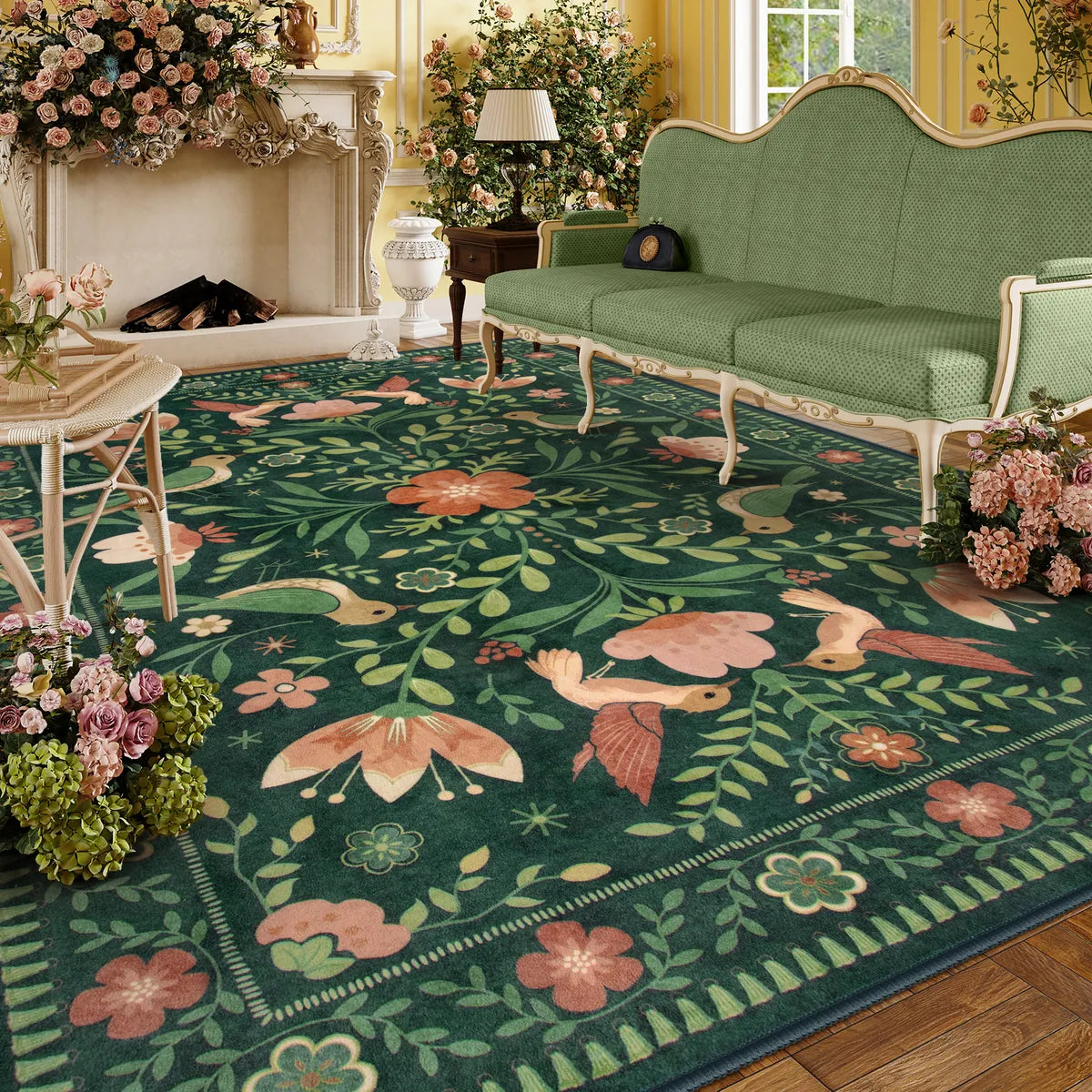 Rosalie Washable Boho Birdsong Floral Garden Green Rug Area Rugs Lahome