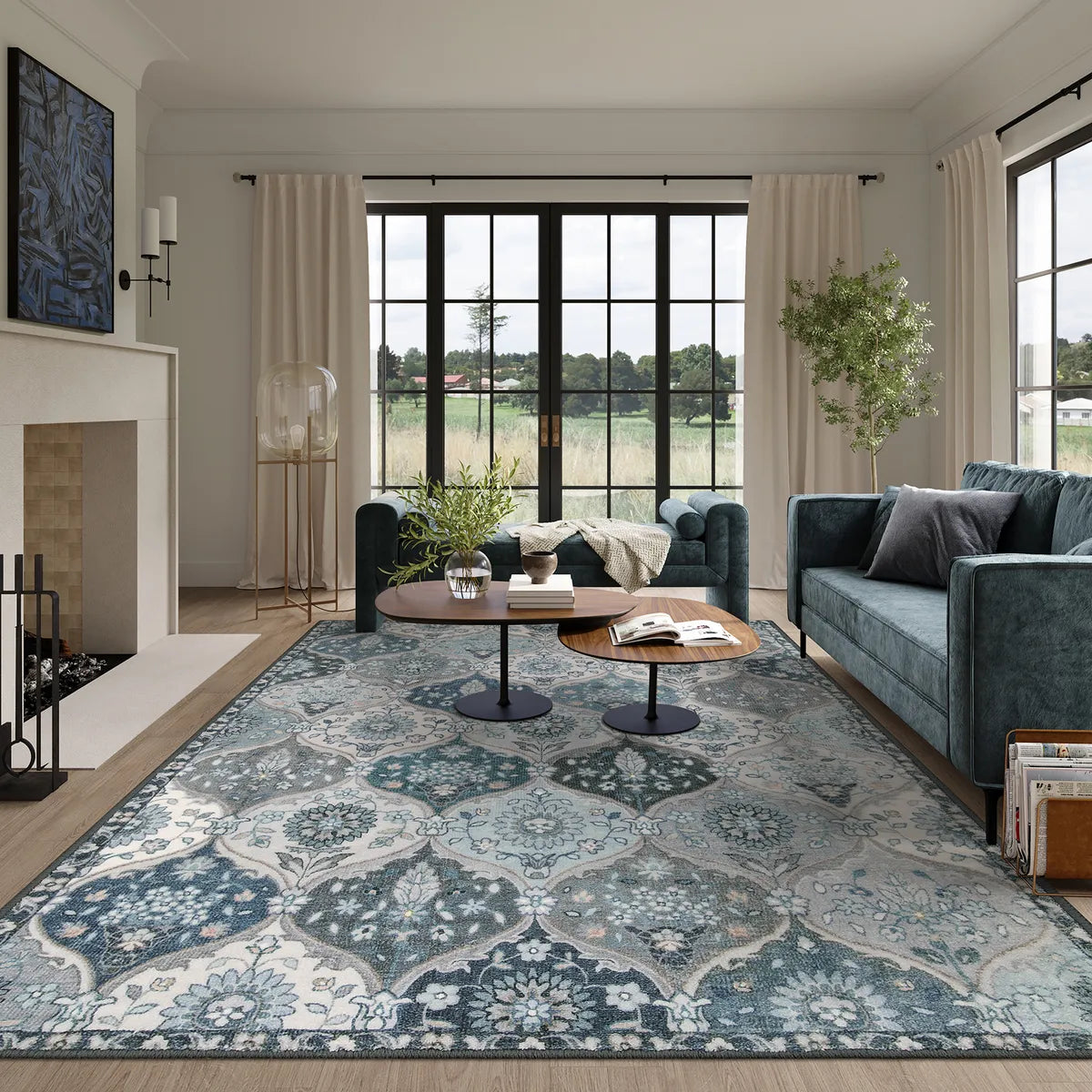 Elise Washable Ultra-thin Vintage Floral Moroccan Trellis Blue Rug Area Rugs Lahome