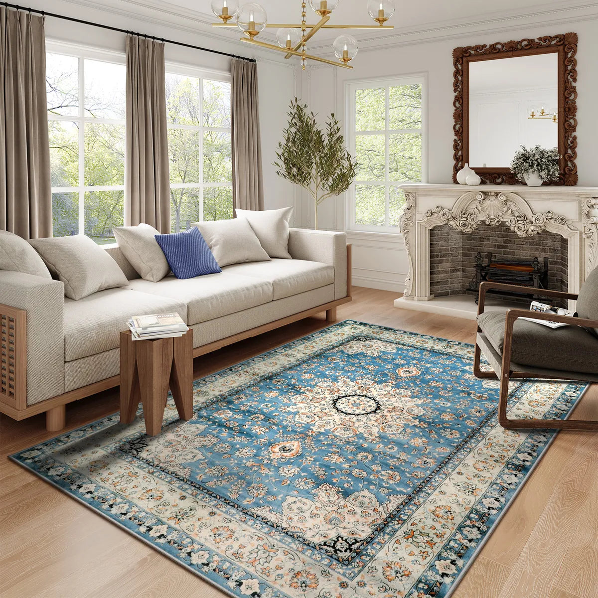 Alodie Washable Distressed Oriental Floral Medallion Blue Area Rug Clearance Rugs Lahome 9' x 12'