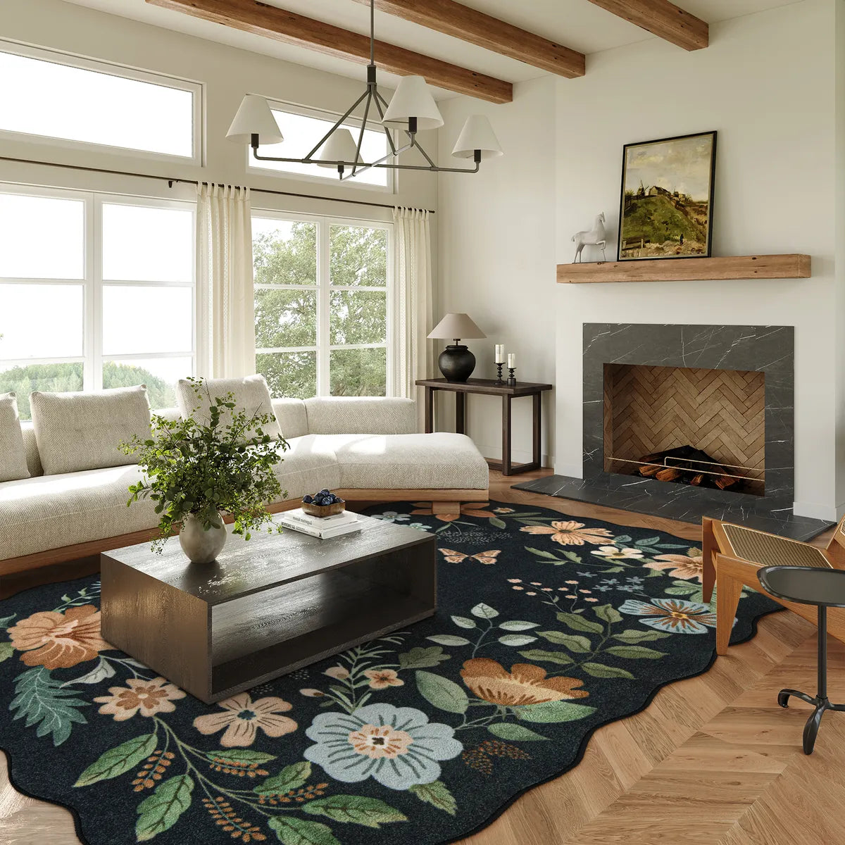 Flore Washable Boho Modern Parisian Floral Scalloped Black Rug Area Rugs Lahome