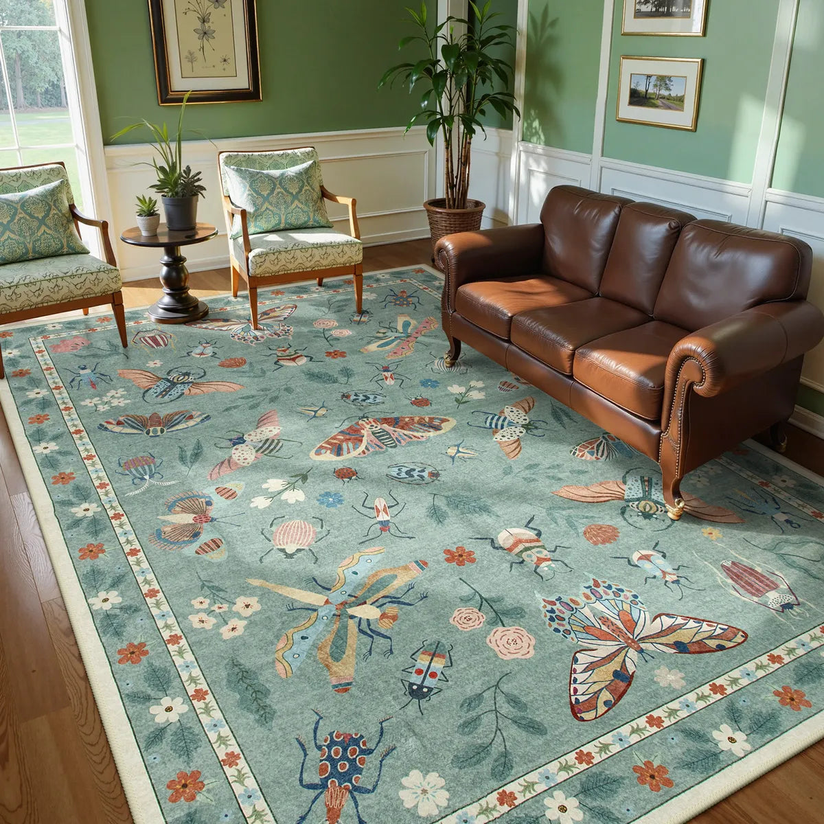 Vionnet Washable Modern Parisian Insect Light Green Rug Area Rugs Lahome 9' x 12'