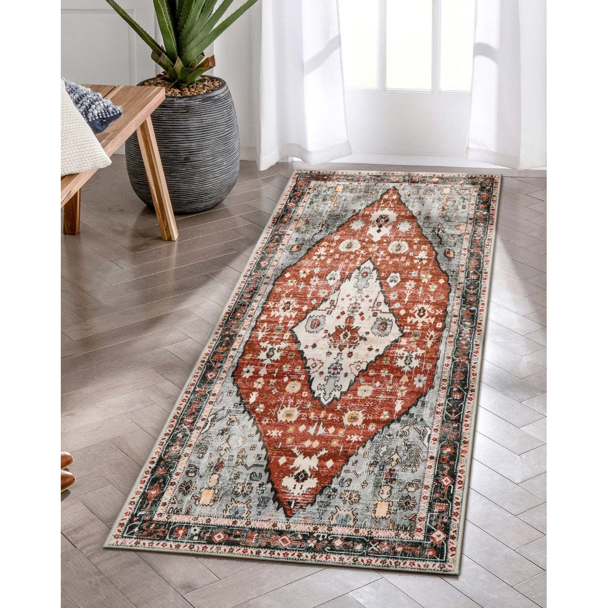 Felice Washable Boho Vintage Tribal Dark Orange Rug Clearance Rugs Lahome