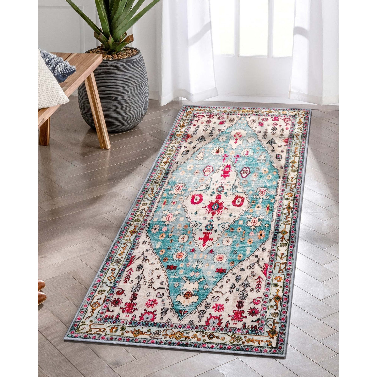 Felice Washable Boho Vintage Tribal Aqua Rug Clearance Rugs Lahome
