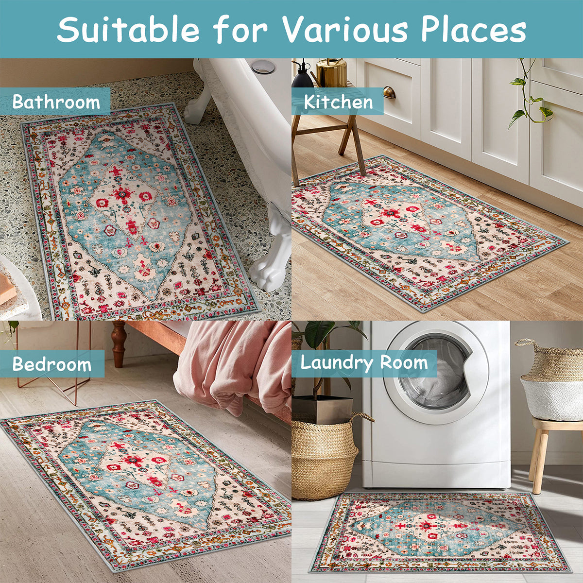 Felice Washable Boho Vintage Tribal Aqua Rug Clearance Rugs Lahome