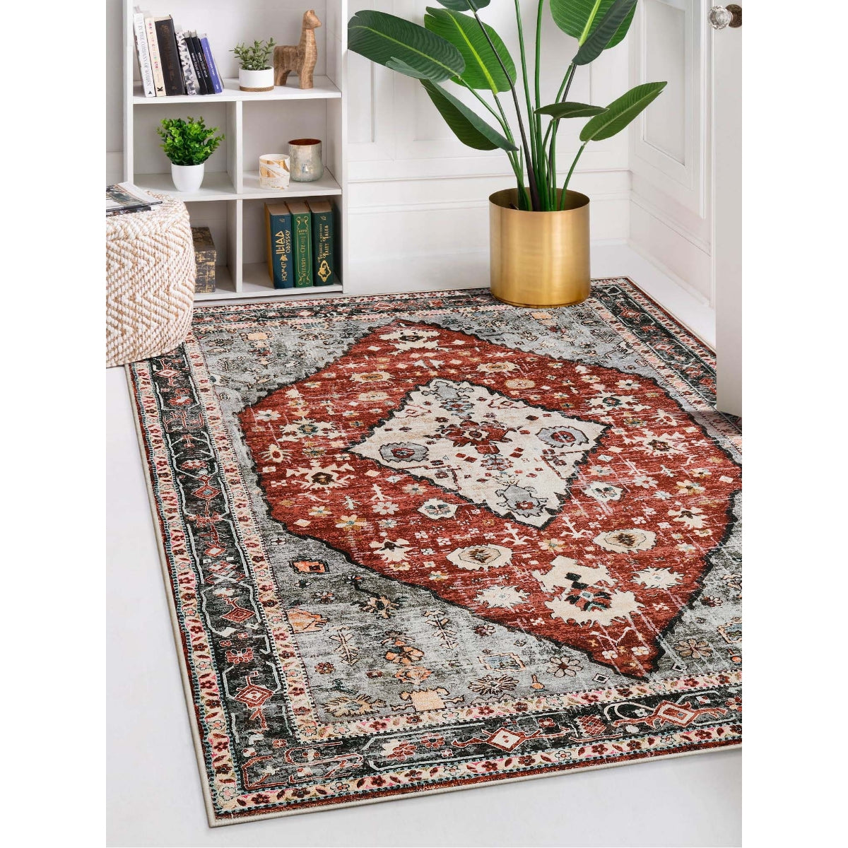 Felice Washable Boho Vintage Tribal Dark Orange Rug Clearance Rugs Lahome