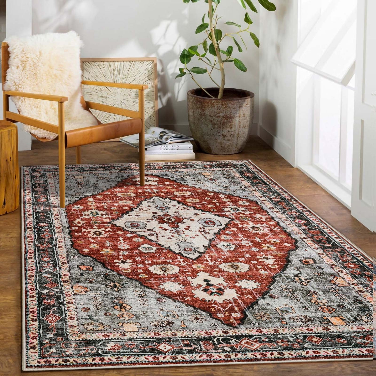 Felice Washable Boho Vintage Tribal Dark Orange Rug Clearance Rugs Lahome