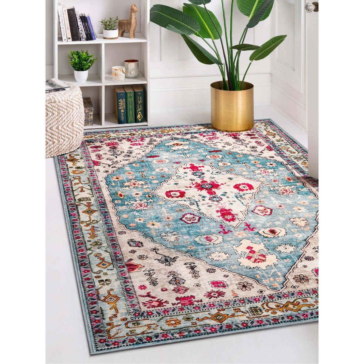 Felice Washable Boho Vintage Tribal Aqua Rug Clearance Rugs Lahome