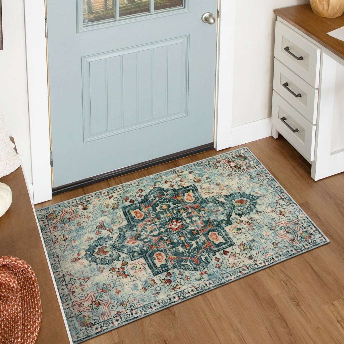 Andrea Washable Vintage Printed Boho Medallion Teal Rug Area Rugs Lahome 2' x 3'