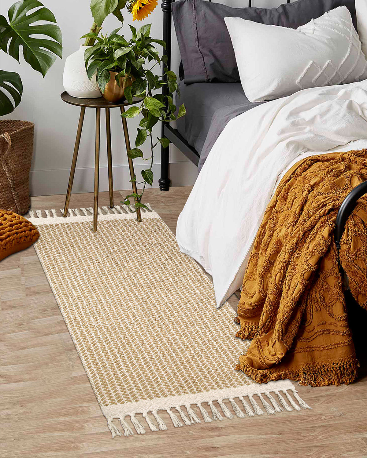 Belle Washable Farmhouse Non-Shedding Boho Khaki Rug with Tassels Cotton Area Rugs Lahome