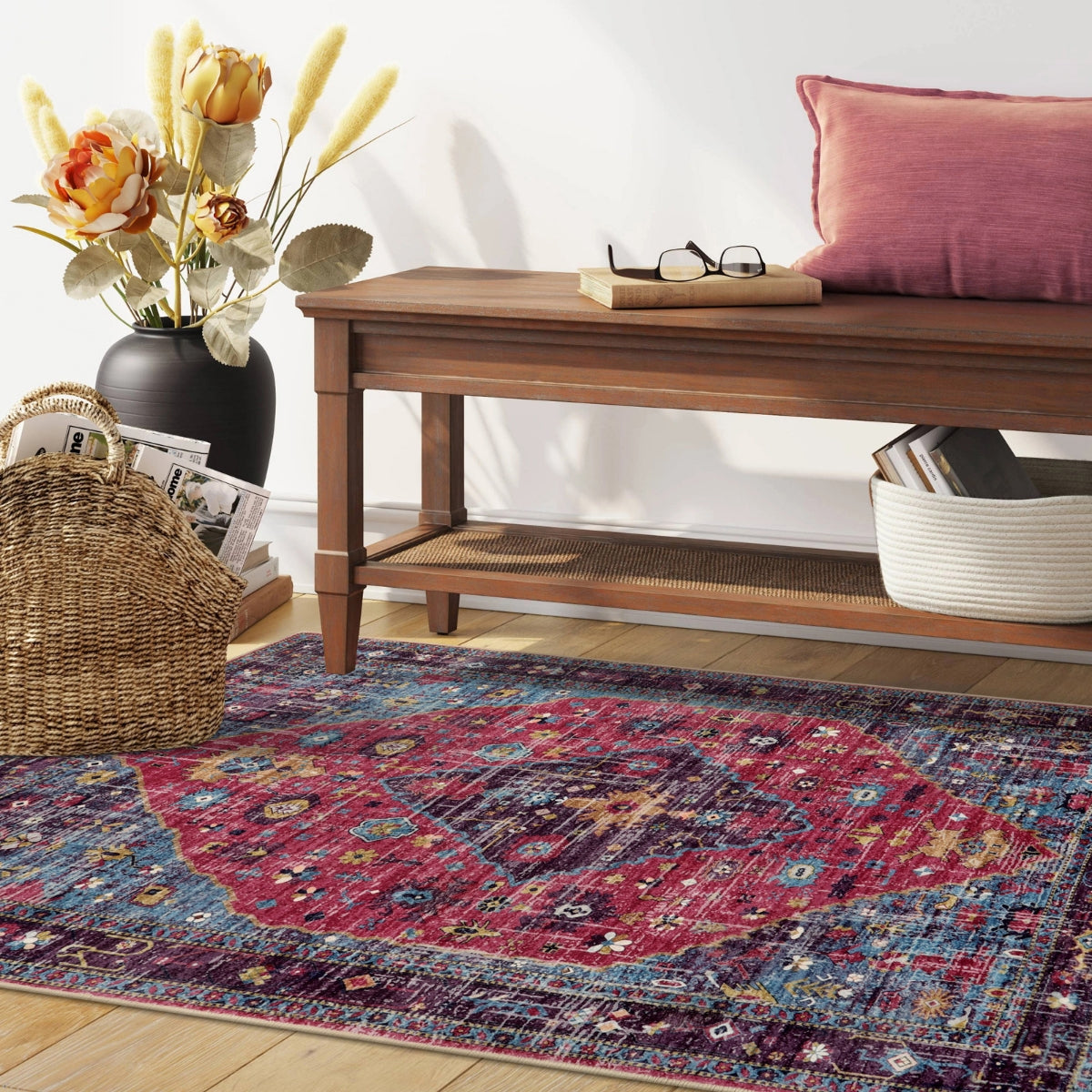 Felice Washable Boho Vintage Tribal Fuchsia Rug Clearance Rugs Lahome