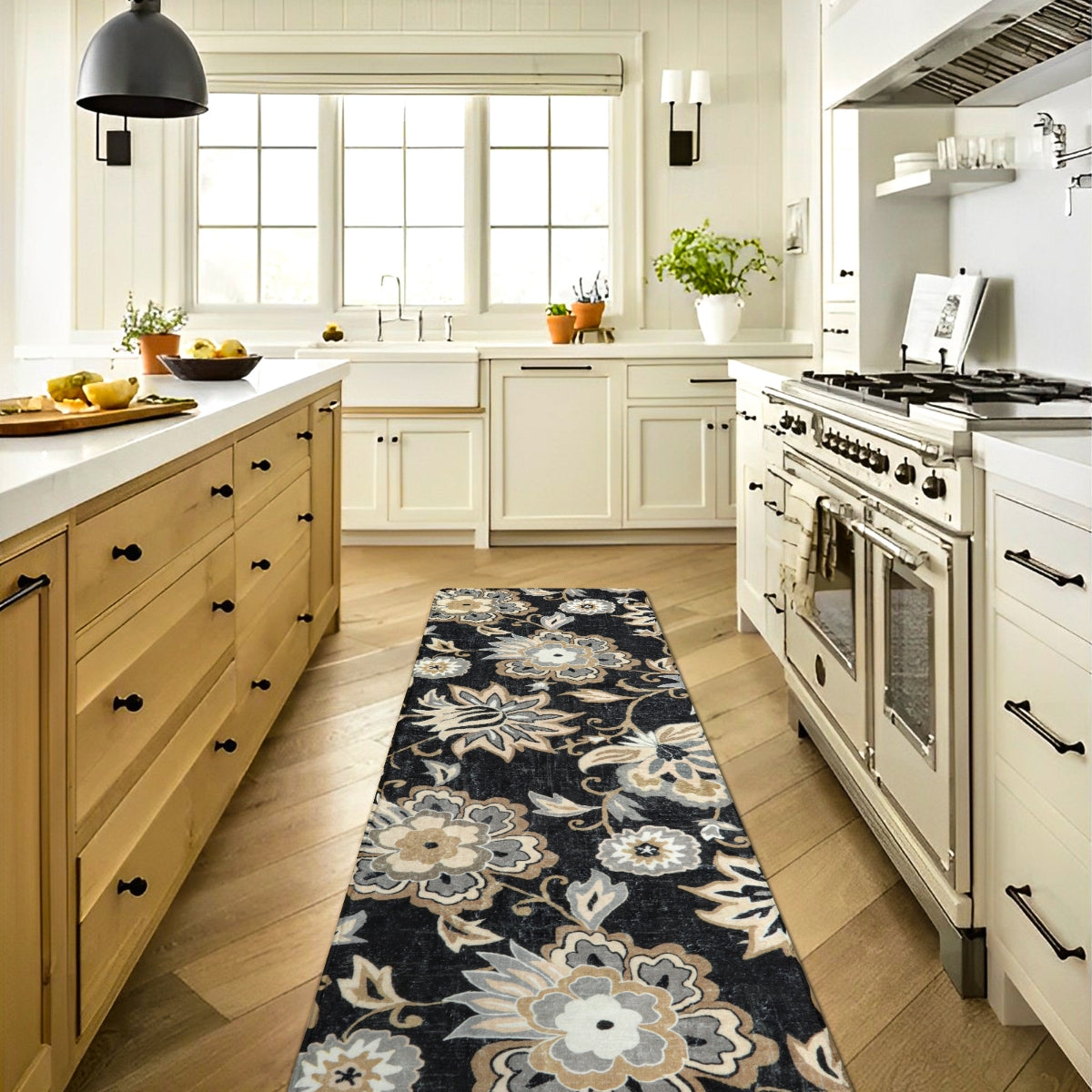 Cloris Washable Paisley Modern Bright Floral Black/White Runner Rug Area Rugs Lahome