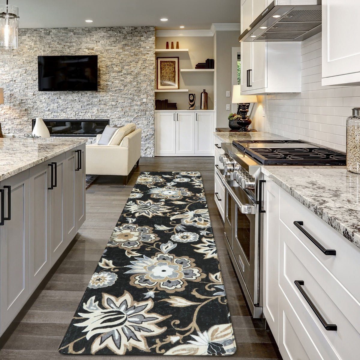 Cloris Washable Paisley Modern Bright Floral Black/White Runner Rug Area Rugs Lahome