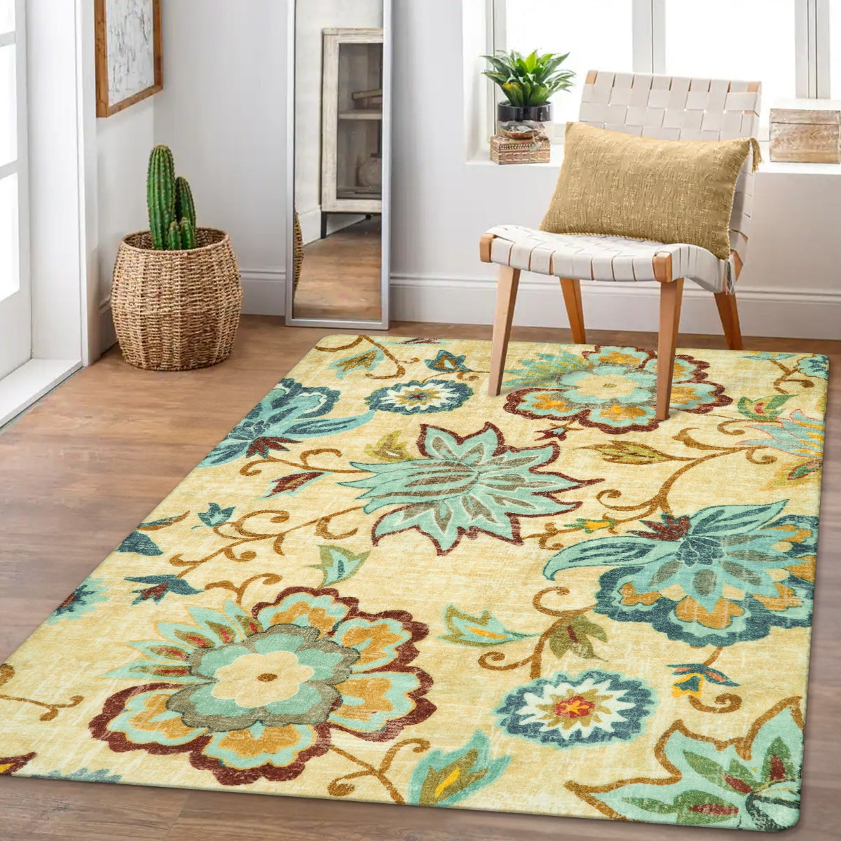 Cloris Washable Paisley Modern Floral Beige/Celadon Area Rug Area Rugs Lahome