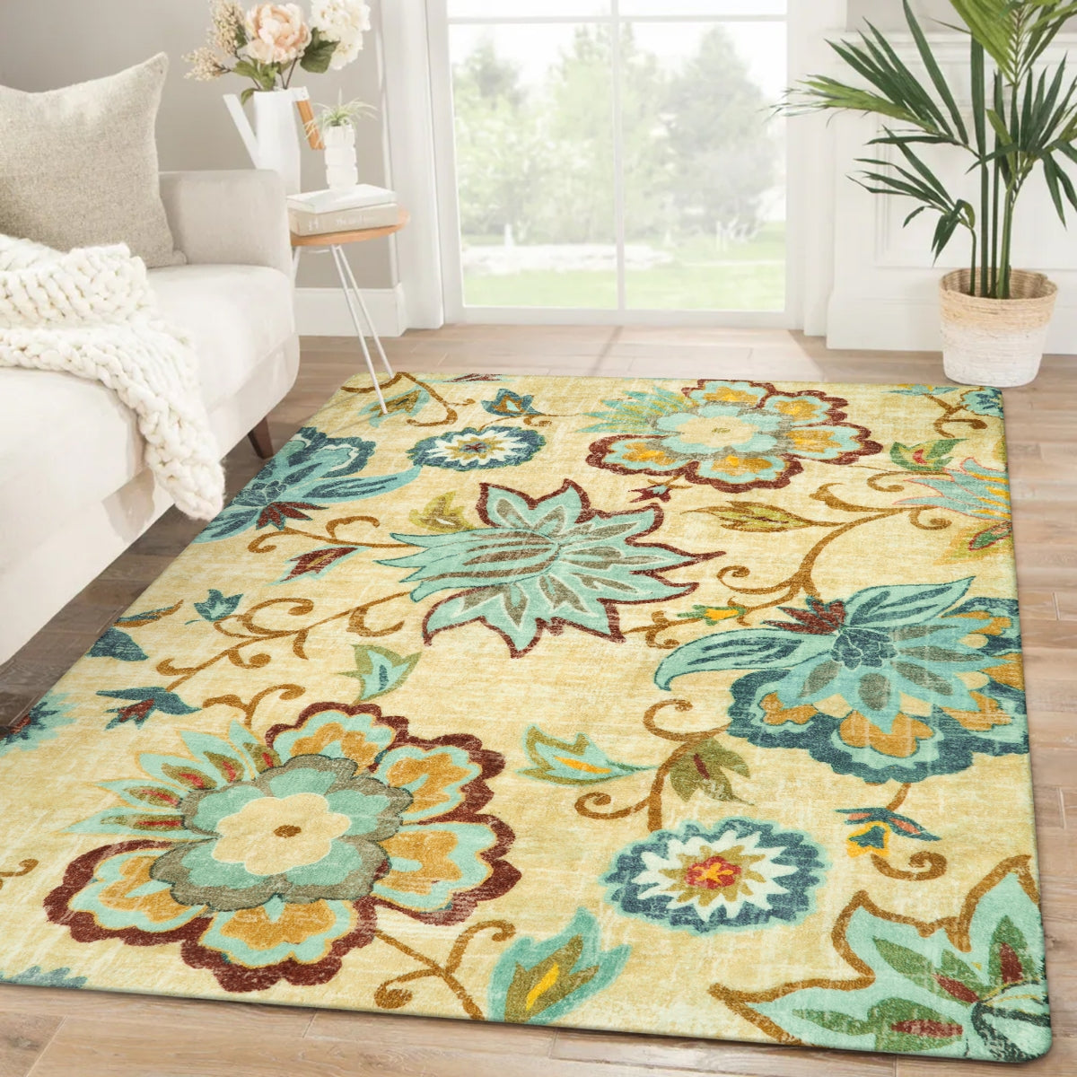 Cloris Washable Paisley Modern Floral Beige/Celadon Area Rug Area Rugs Lahome 5' x 7'