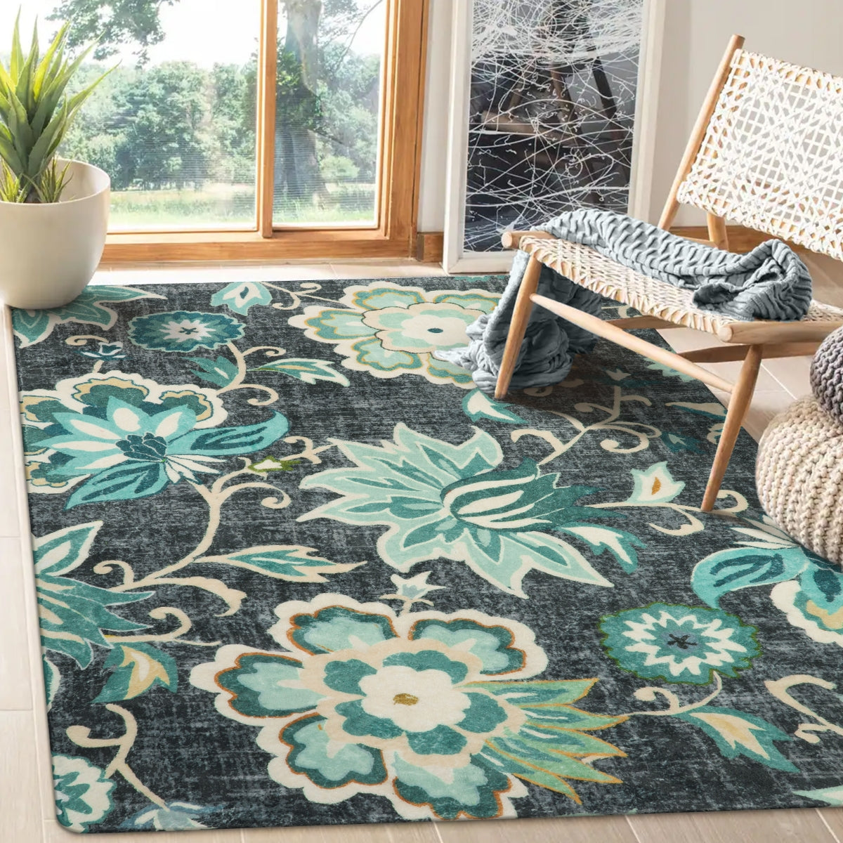 Cloris Washable Paisley Modern Vintage Floral Green/Blue Rug Area Rugs Lahome 5' x 7'