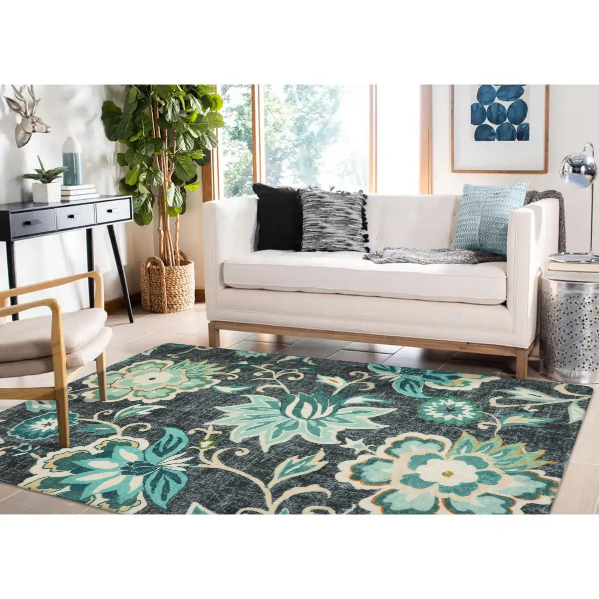 Cloris Washable Paisley Modern Vintage Floral Green/Blue Rug Area Rugs Lahome