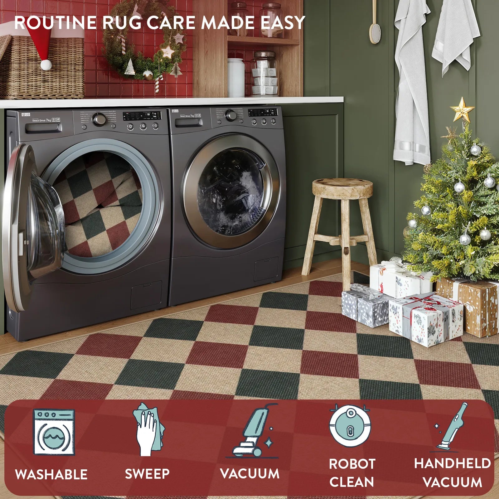 Coline Christmas Diamond Checkered Easy Jute Red&Green Rug Easy Jute Rug Lahome