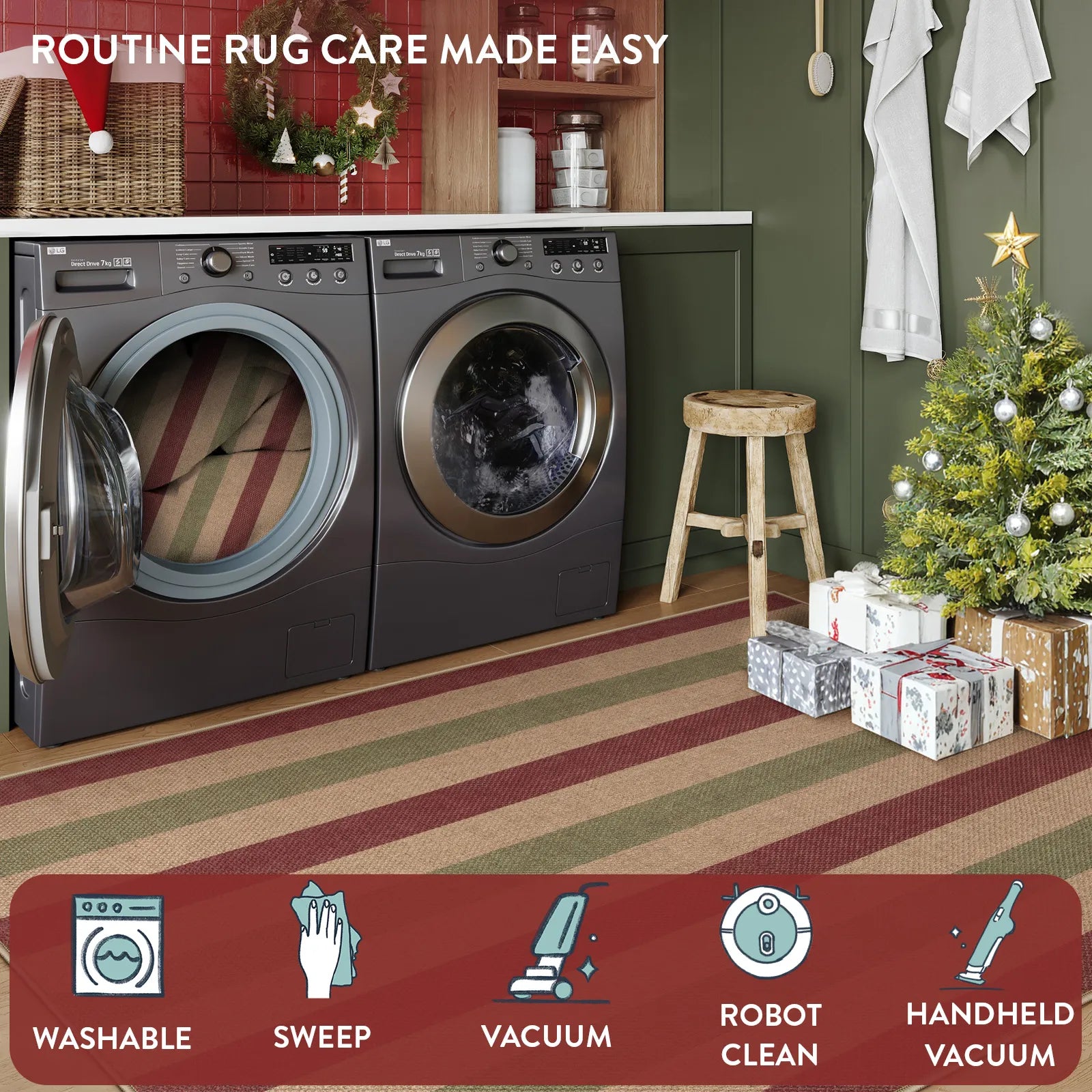 Xmas Elance Christmas Washable Easy Jute Wide Striped Red&Green Rug Easy Jute Rug Lahome