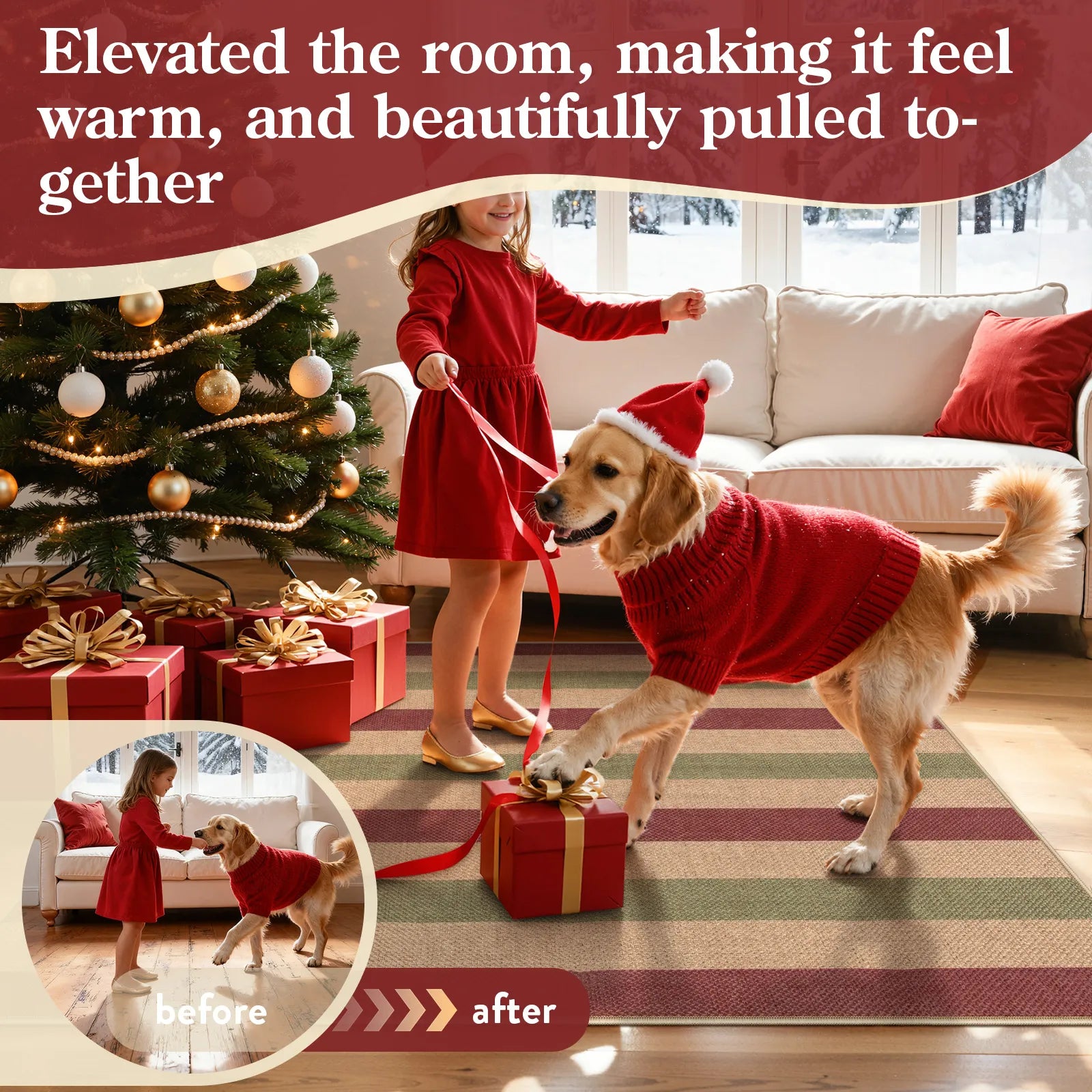 Xmas Elance Christmas Washable Easy Jute Wide Striped Red&Green Rug Easy Jute Rug Lahome