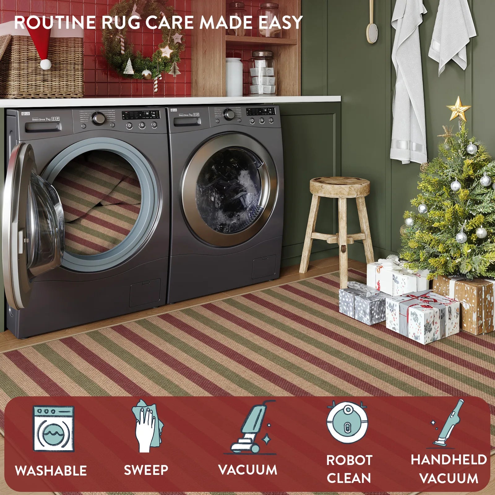 Elance Christmas Washable Easy Jute Slim Striped Red&Green Rug Easy Jute Rug Lahome