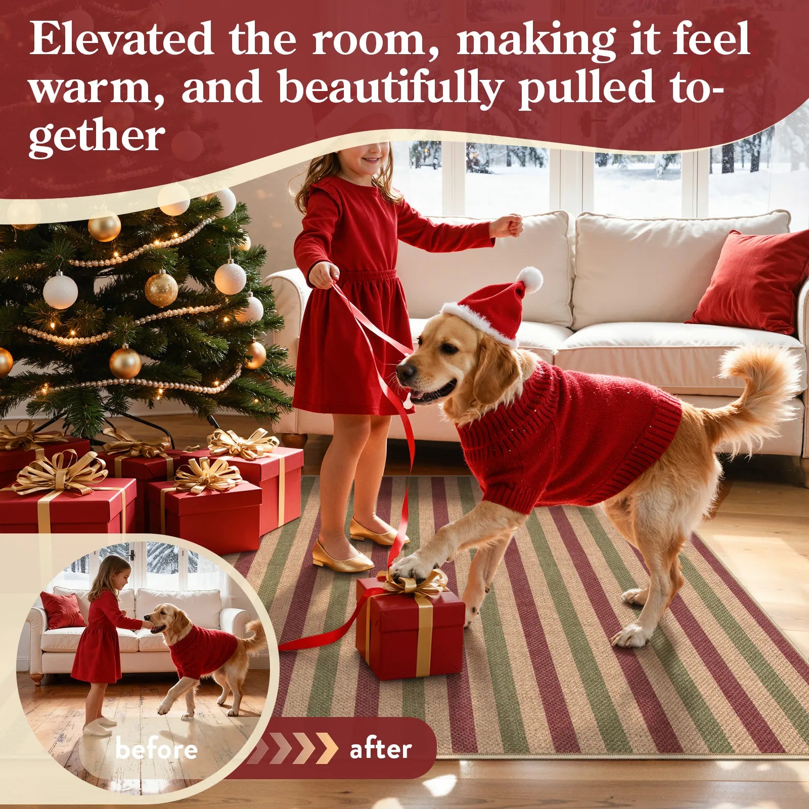 Elance Christmas Washable Easy Jute Slim Striped Red&Green Rug Easy Jute Rug Lahome