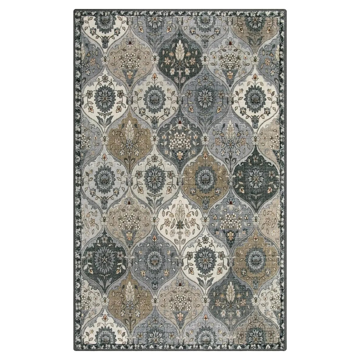 Elise Washable Ultra-thin Vintage Floral Moroccan Trellis Grey Rug Area Rugs Lahome
