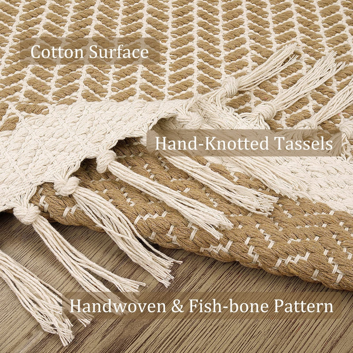Belle Washable Farmhouse Non-Shedding Boho Khaki Rug with Tassels Cotton Area Rugs Lahome