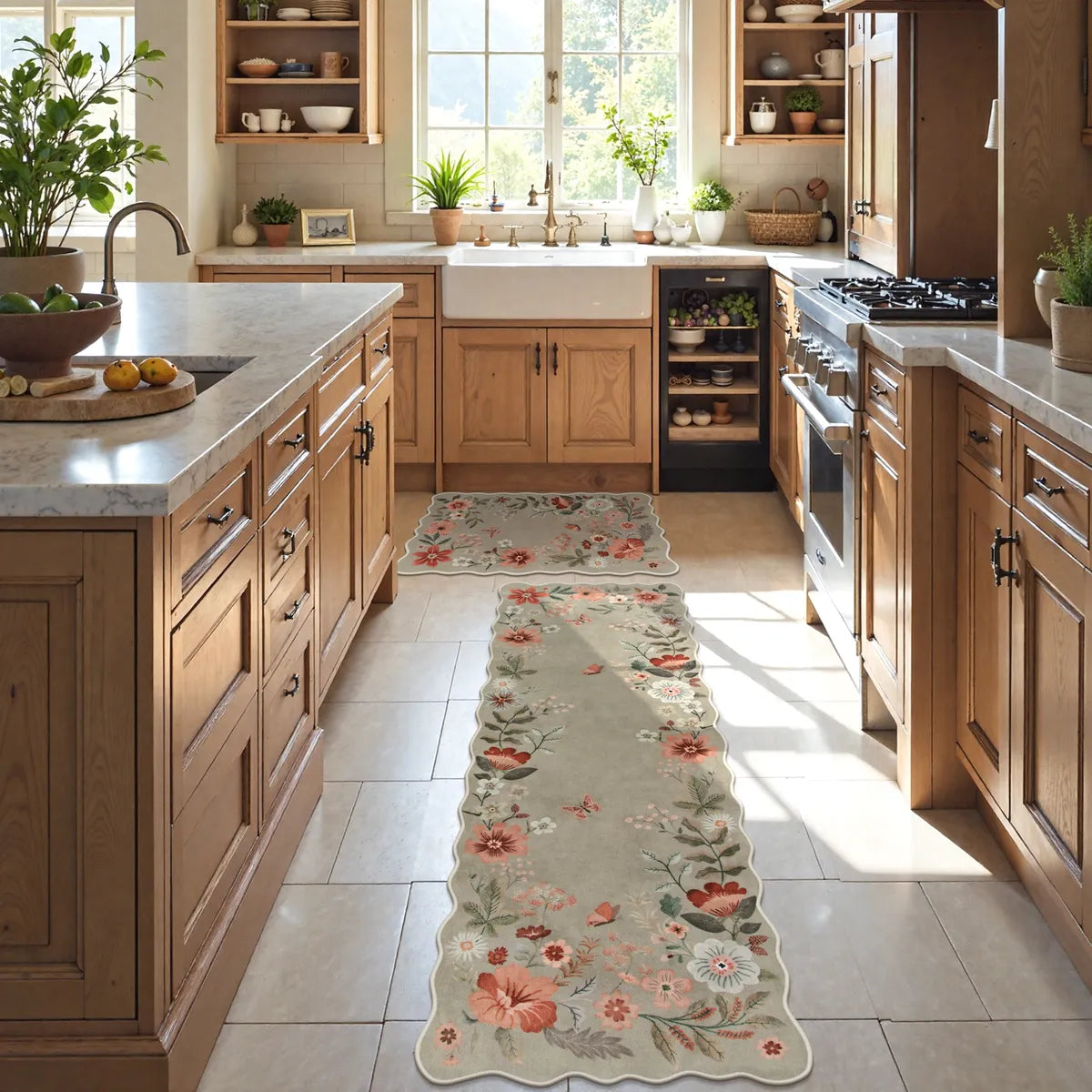 Flore Washable Boho Modern Parisian Floral Scalloped Brown Rug Area Rugs Lahome