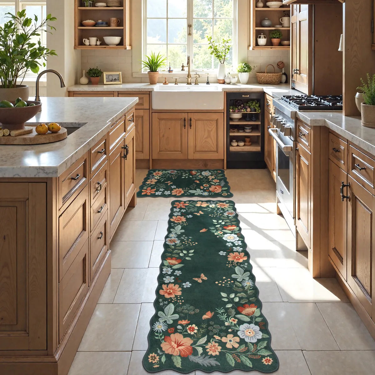 Flore Washable Boho Modern Parisian Floral Scalloped Dark Green Rug Area Rugs Lahome