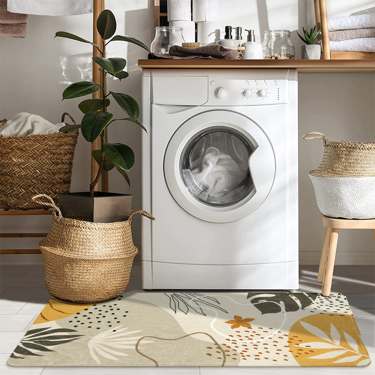 Kiki Washable Modern Botanical Leaf Print Khaki Area Rug Area Rugs Lahome