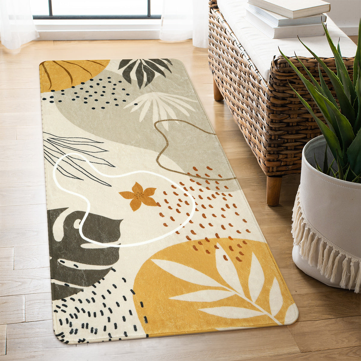 Kiki Washable Modern Botanical Leaf Print Khaki Area Rug Area Rugs Lahome