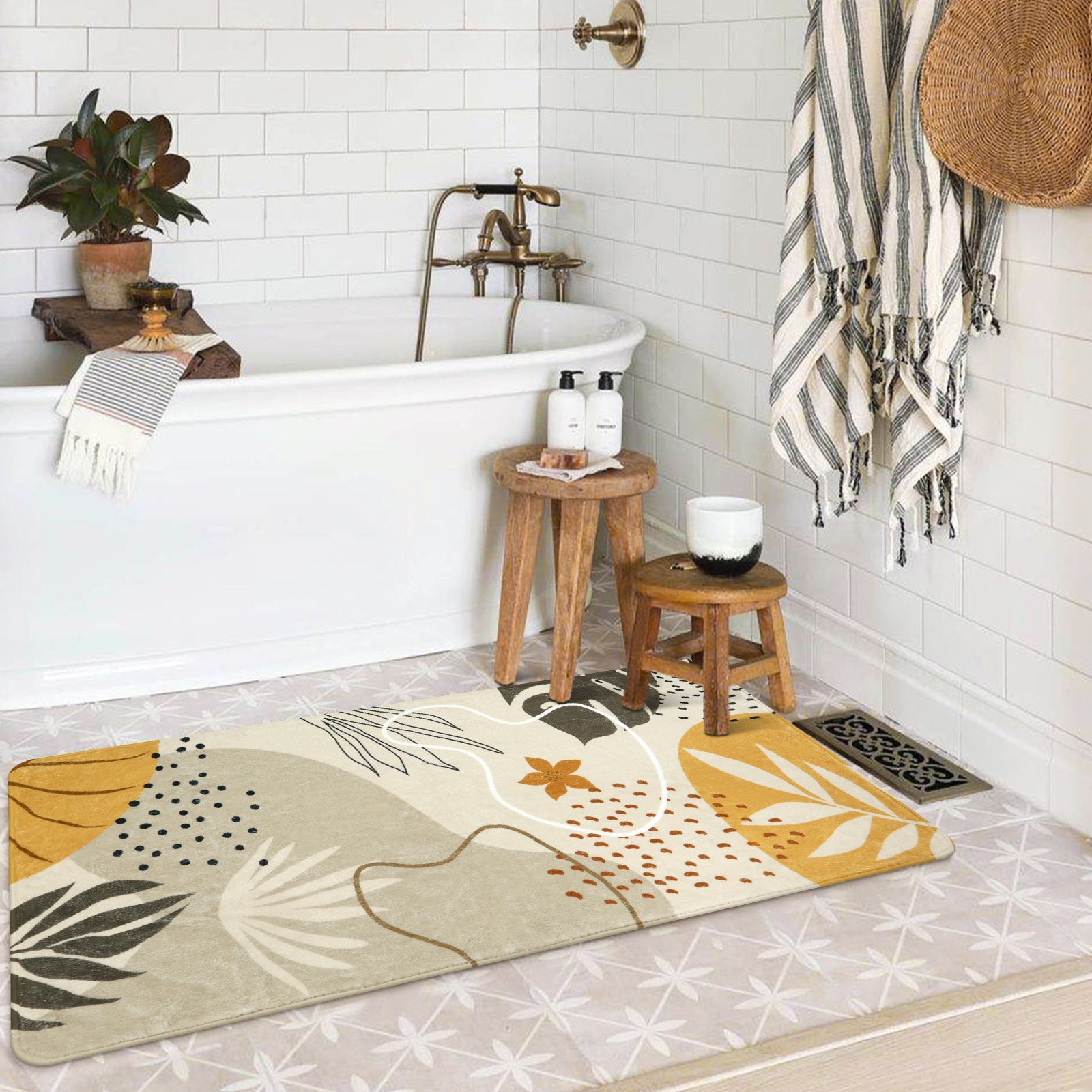 Kiki Washable Modern Botanical Leaf Print Khaki Area Rug Area Rugs Lahome