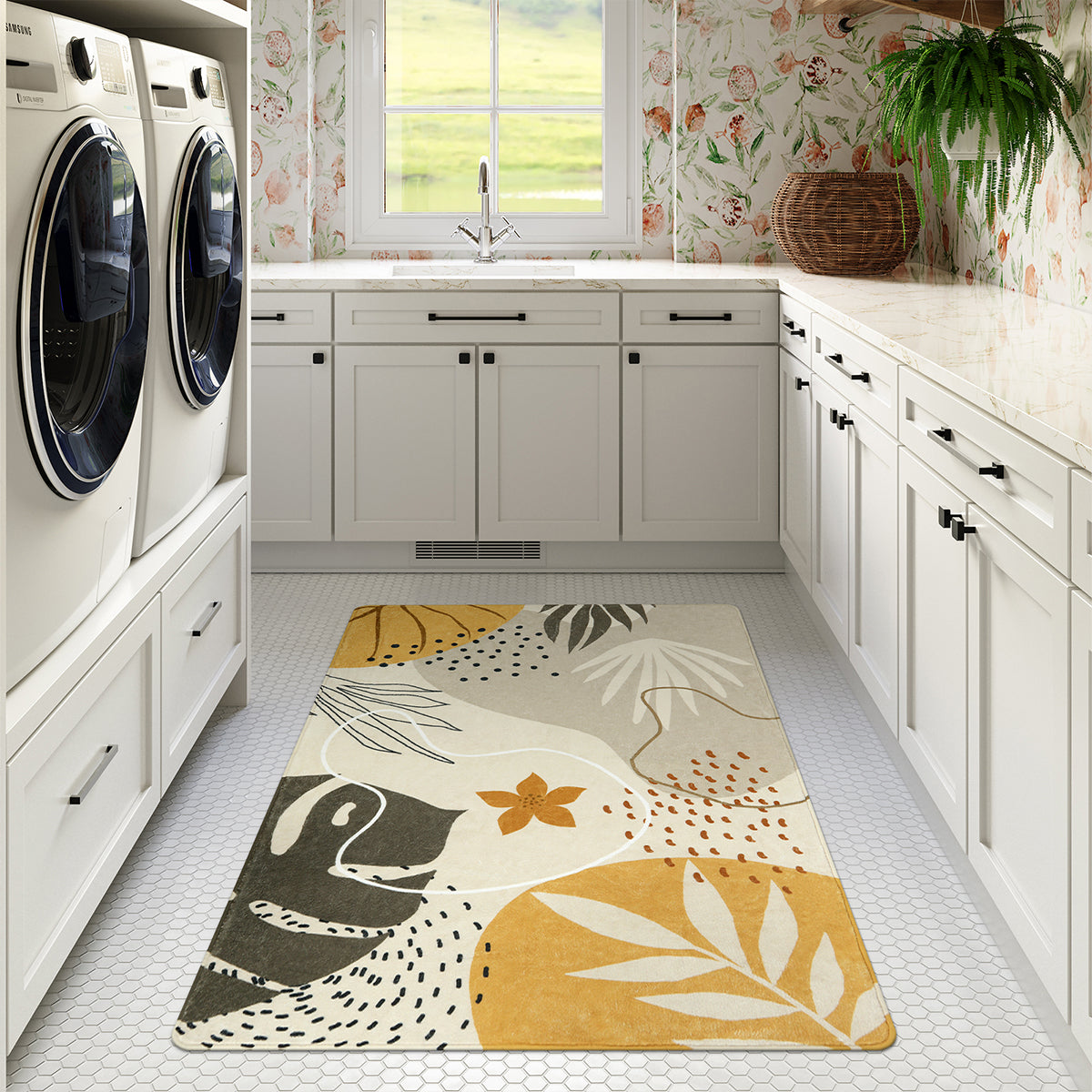 Kiki Washable Modern Botanical Leaf Print Khaki Area Rug Area Rugs Lahome