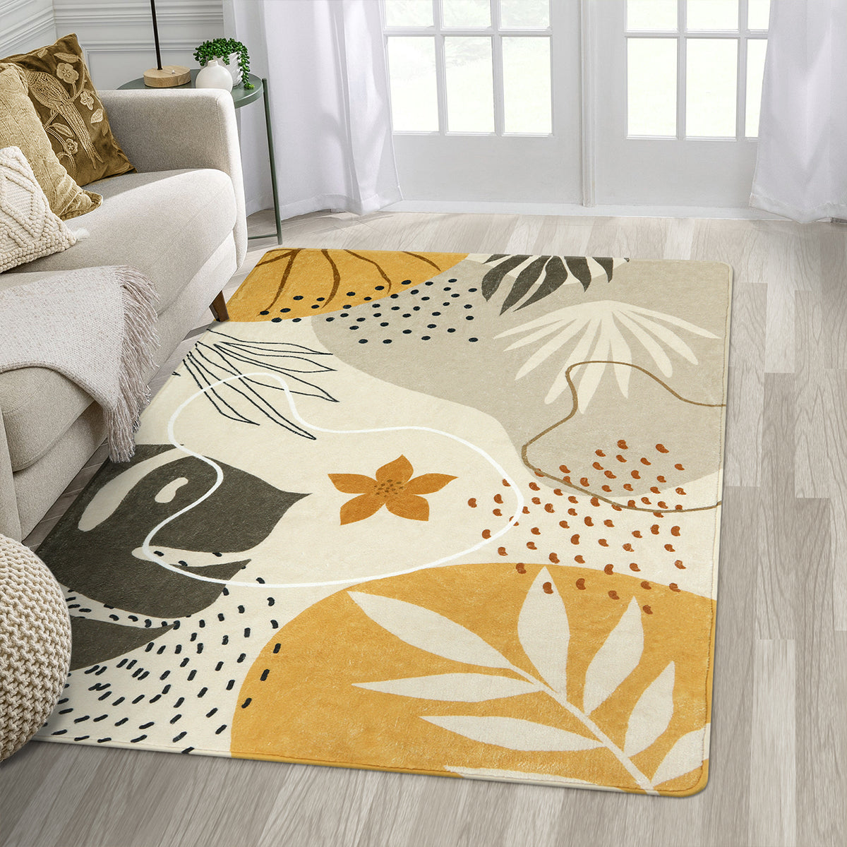 Kiki Washable Modern Botanical Leaf Print Khaki Area Rug Area Rugs Lahome