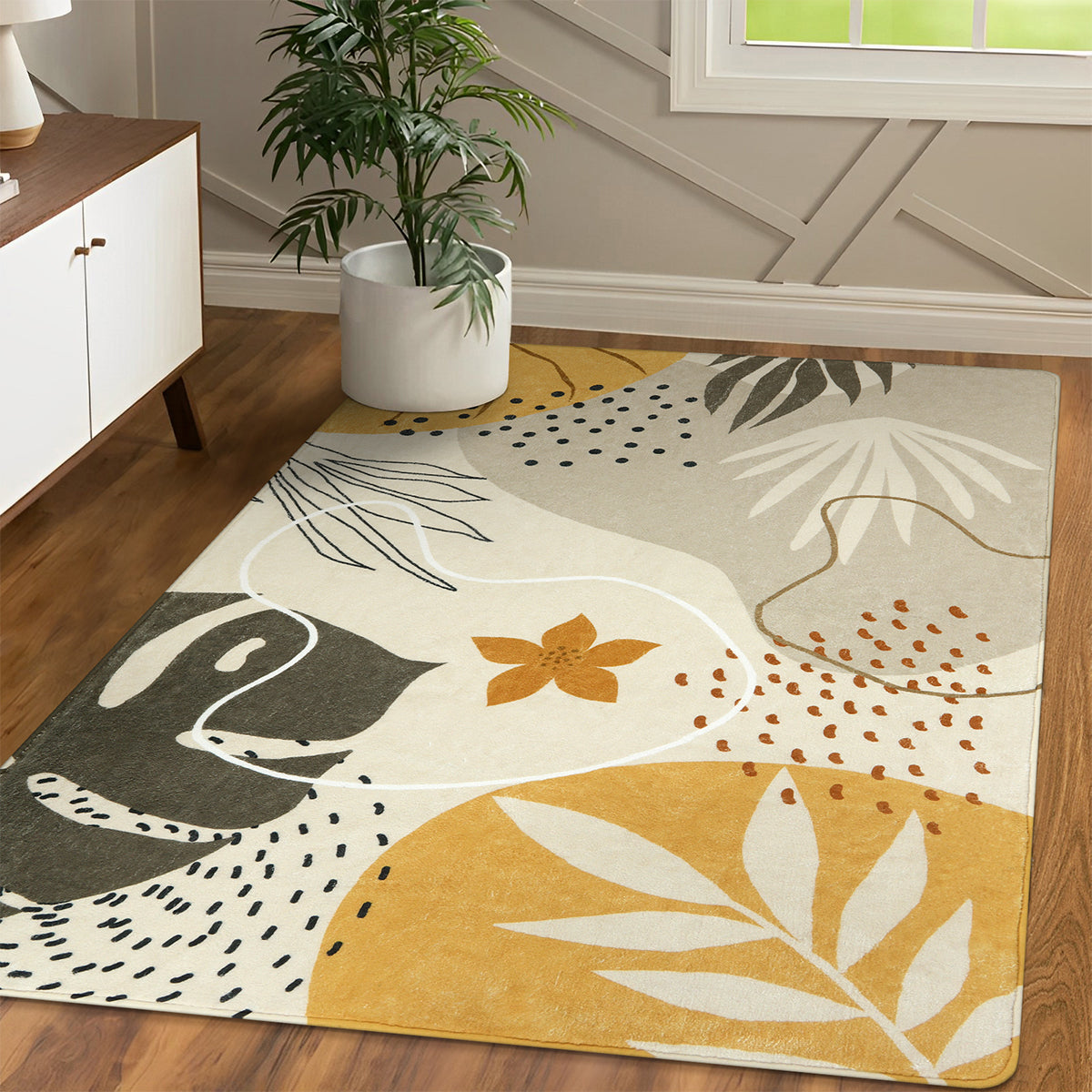 Kiki Washable Modern Botanical Leaf Print Khaki Area Rug Area Rugs Lahome
