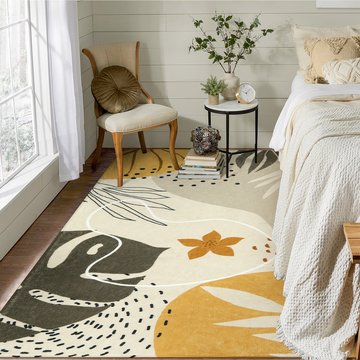 Kiki Washable Modern Botanical Leaf Print Khaki Area Rug Area Rugs Lahome