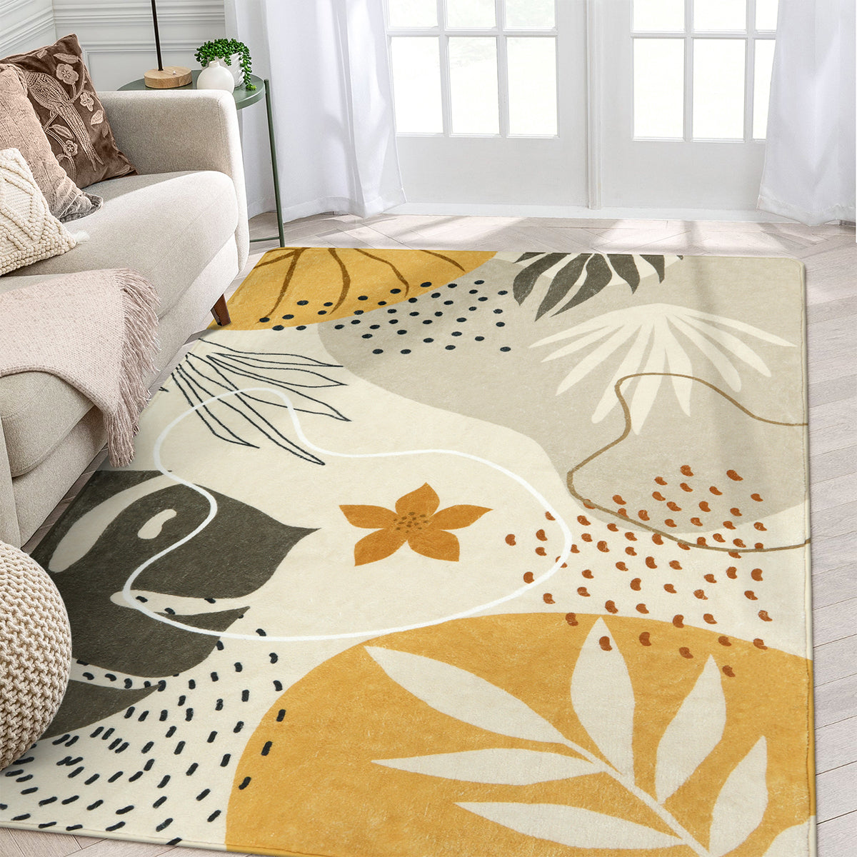 Kiki Washable Modern Botanical Leaf Print Khaki Area Rug Area Rugs Lahome